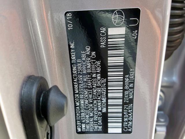 NMTKHMBX4KR074782 - 2019 TOYOTA C-HR XLE GRAY photo 10