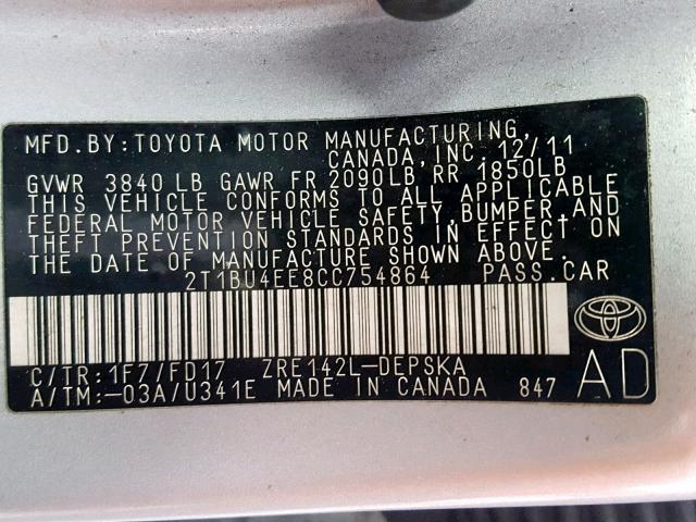 2T1BU4EE8CC754864 - 2012 TOYOTA COROLLA BA SILVER photo 10