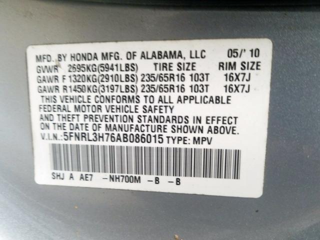 5FNRL3H76AB086015 - 2010 HONDA ODYSSEY EXL  photo 10