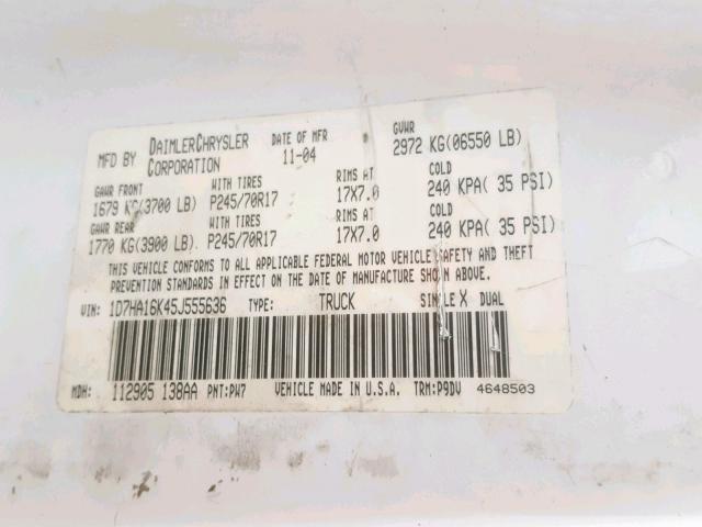 1D7HA16K45J555636 - 2005 DODGE RAM 1500 S WHITE photo 10