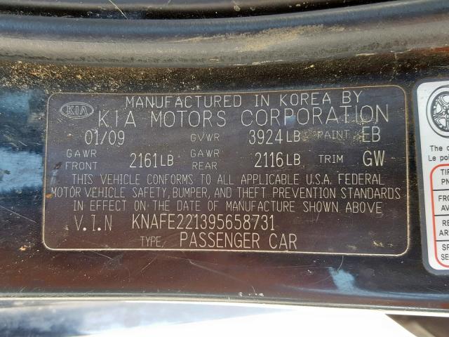 KNAFE221395658731 - 2009 KIA SPECTRA EX BLACK photo 10