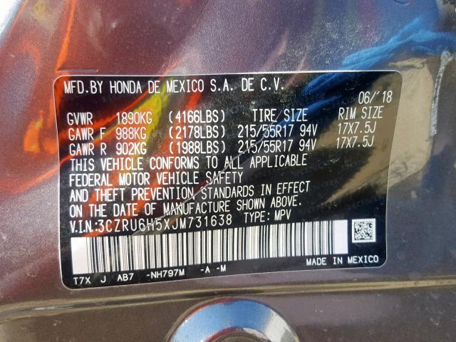 3CZRU6H5XJM731638 - 2018 HONDA HR-V EX GRAY photo 10