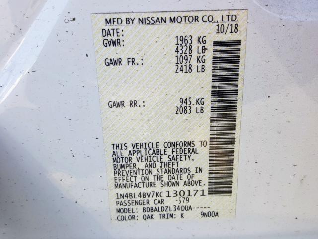 1N4BL4BV7KC130171 - 2019 NISSAN ALTIMA S  photo 10