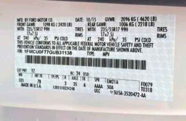 1FMCU0F77GUB31138 - 2016 FORD ESCAPE S WHITE photo 10