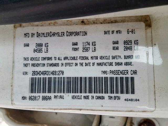 2B3HD46R31H691270 - 2001 DODGE INTREPID S 白色 照片 10