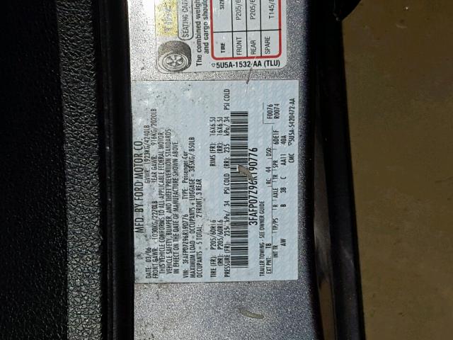 3FAFP07Z96R190776 - 2006 FORD FUSION SE GRAY photo 10