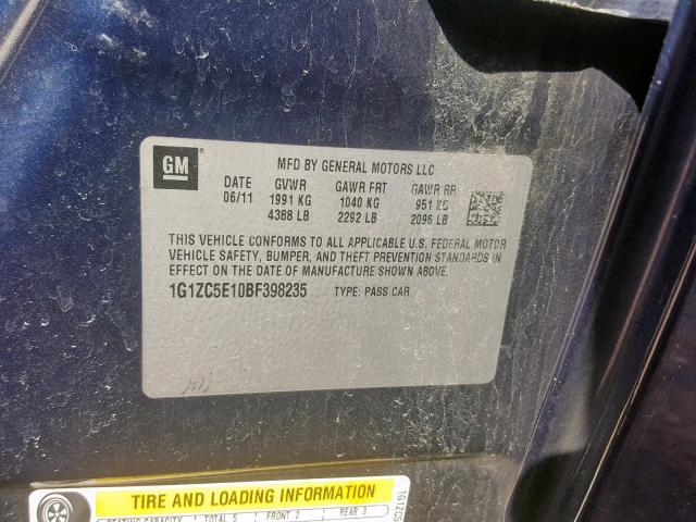 1G1ZC5E10BF398235 - 2011 CHEVROLET MALIBU 1LT 蓝色 照片 10