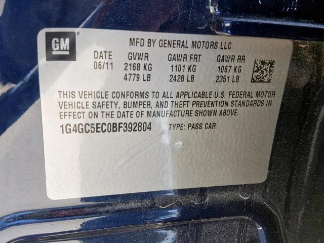 1G4GC5EC0BF392804 - 2011 BUICK LACROSSE C BLUE photo 10