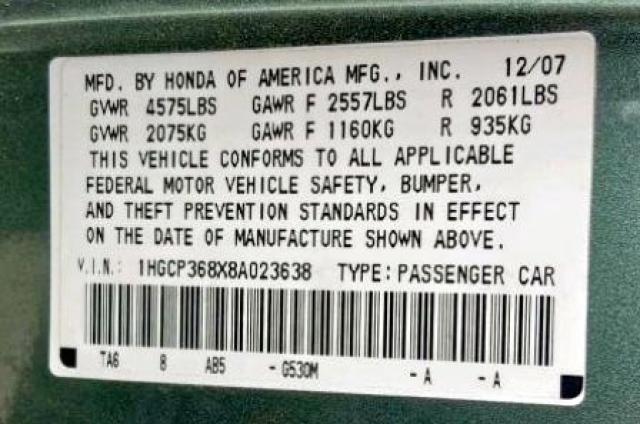 1HGCP368X8A023638 - 2008 HONDA ACCORD EXL GREEN photo 10