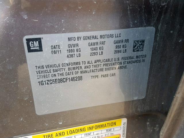 1G1ZC5E08CF146208 - 2012 CHEVROLET MALIBU 1LT 棕色 照片 10