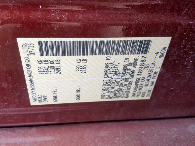 1N4AA6AP8GC389887 - 2016 NISSAN MAXIMA 3.5 MAROON photo 10