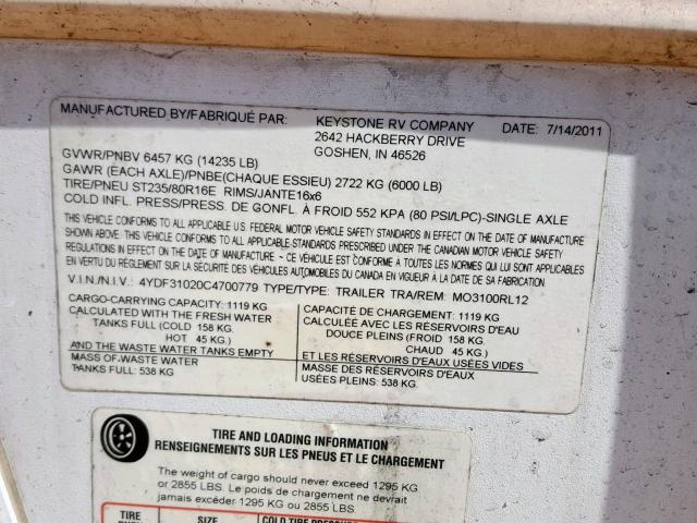 4YDF31020C4700779 - 2012 KEYSTONE MONTANA WHITE photo 10
