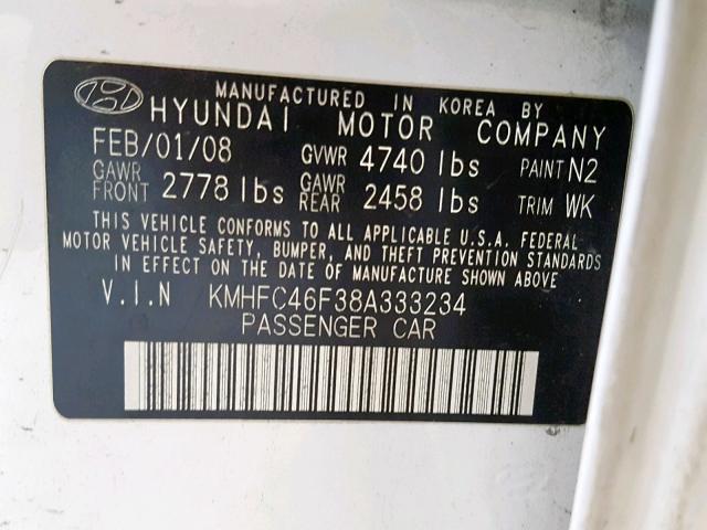 KMHFC46F38A333234 - 2008 HYUNDAI AZERA SE WHITE photo 10