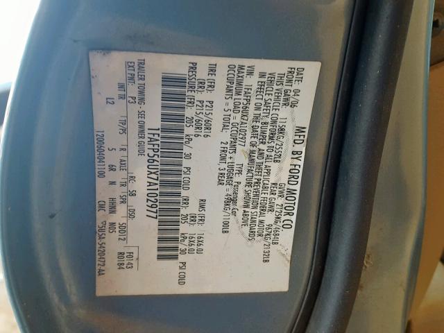 1FAFP56UX7A102977 - 2007 FORD TAURUS SEL BLUE photo 10