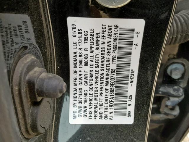 19XFA16659E007765 - 2009 HONDA CIVIC LX-S BLACK photo 10