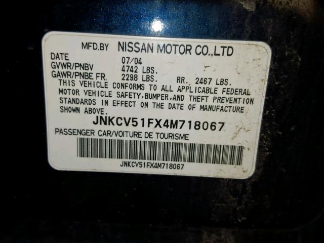 JNKCV51FX4M718067 - 2004 INFINITI G35 BLUE photo 10