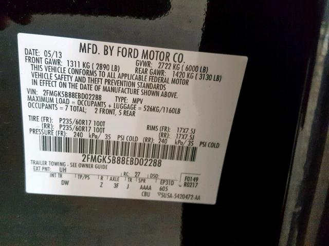 2FMGK5B88EBD02288 - 2014 FORD FLEX SE BLACK photo 10