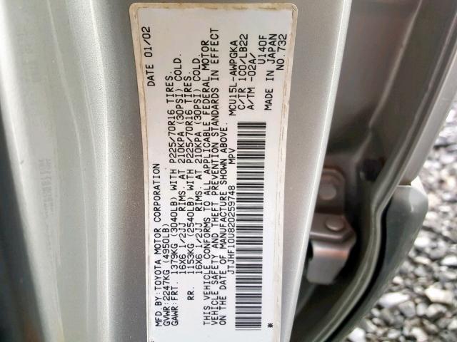 JTJHF10U820259748 - 2002 LEXUS RX 300 GRAY photo 10