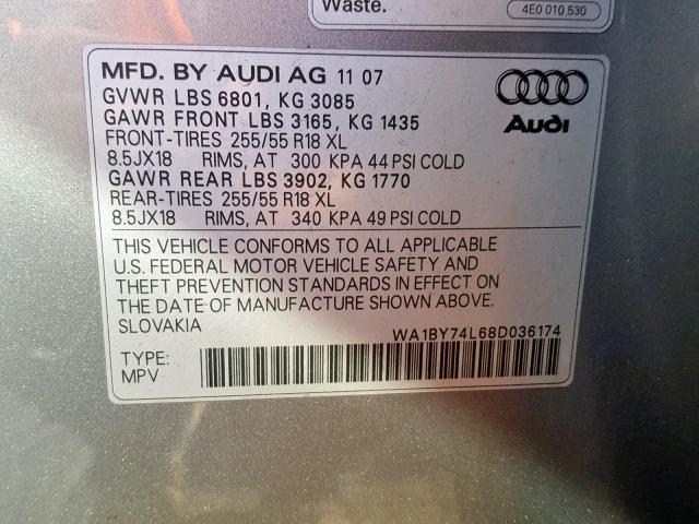 WA1BY74L68D036174 - 2008 AUDI Q7 3.6 QUA GRAY photo 10