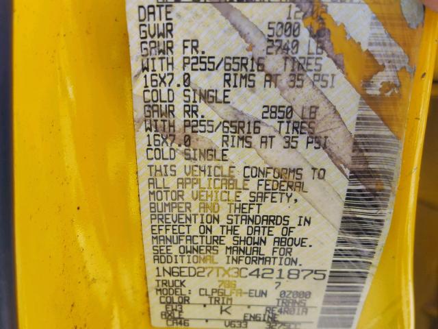 1N6ED27TX3C421875 - 2003 NISSAN FRONTIER C YELLOW photo 10