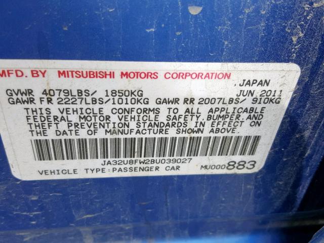 JA32U8FW2BU039027 - 2011 MITSUBISHI LANCER GTS BLUE photo 10