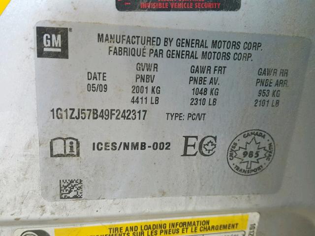 1G1ZJ57B49F242317 - 2009 CHEVROLET MALIBU 2LT SILVER photo 10