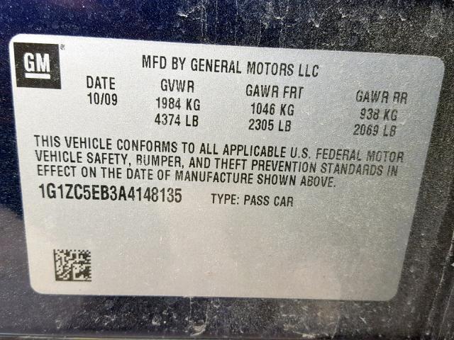 1G1ZC5EB3A4148135 - 2010 CHEVROLET MALIBU 1LT 蓝色 照片 10