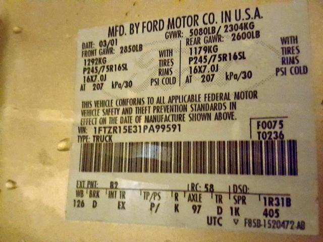 1FTZR15E31PA99591 - 2001 FORD RANGER SUP TAN photo 10