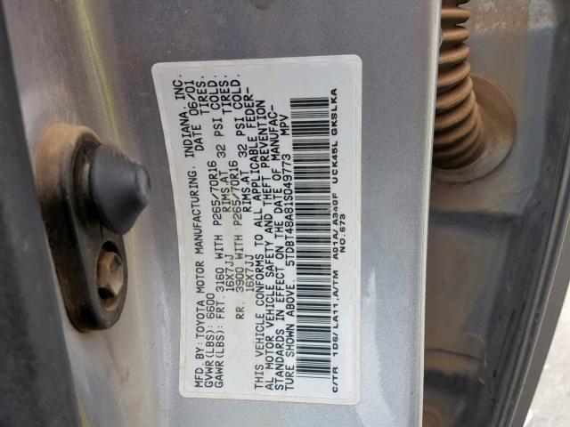 5TDBT48A81S049773 - 2001 TOYOTA SEQUOIA LI SILVER photo 10