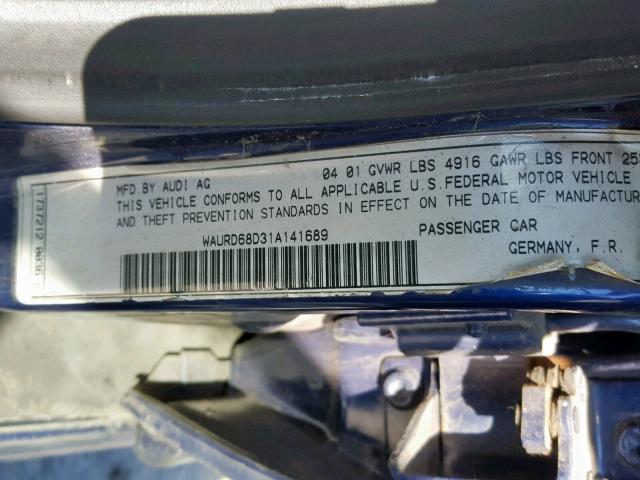 WAURD68D31A141689 - 2001 AUDI S4 2.7 QUA BLUE photo 10