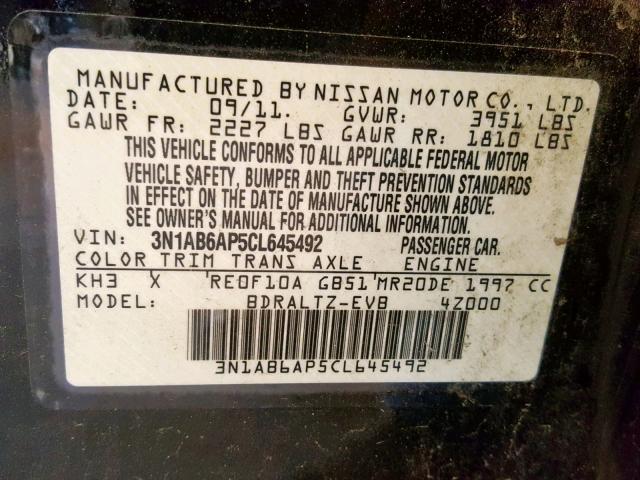 3N1AB6AP5CL645492 - 2012 NISSAN SENTRA 2.0 BLACK photo 10