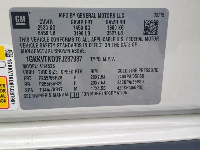 1GKKVTKD0FJ287987 - 2015 GMC ACADIA DEN WHITE photo 10