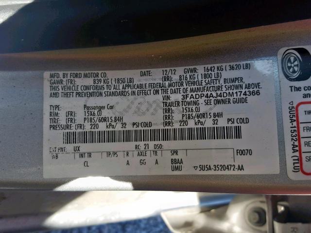 3FADP4AJ4DM174366 - 2013 FORD FIESTA S SILVER photo 10