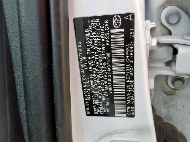 VNKKTUD31HA079798 - 2017 TOYOTA YARIS L WHITE photo 10