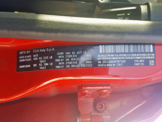 ZACCJAAH0FPB71428 - 2015 JEEP RENEGADE S RED photo 10