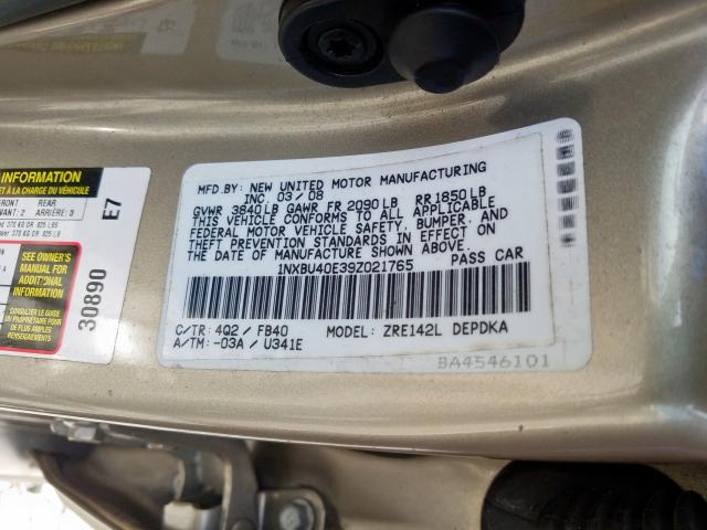 1NXBU40E39Z021765 - 2009 TOYOTA COROLLA BASE  photo 10