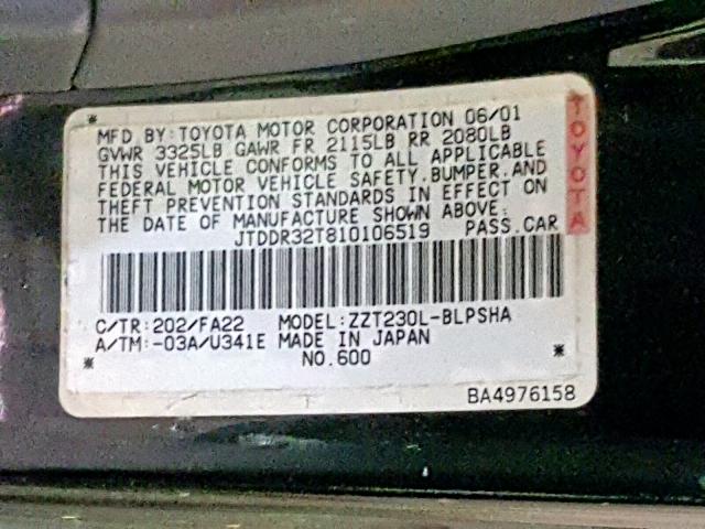 JTDDR32T810106519 - 2001 TOYOTA CELICA GT BLACK photo 10