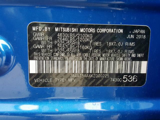 JA4AT5AAXKZ000225 - 2019 MITSUBISHI ECLIPSE CR BLUE photo 10