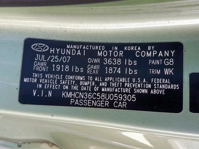 KMHCN36C58U059305 - 2008 HYUNDAI ACCENT SE GREEN photo 10