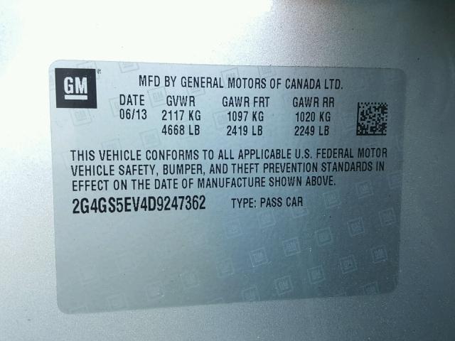 2G4GS5EV4D9247362 - 2013 BUICK REGAL PREM SILVER photo 10