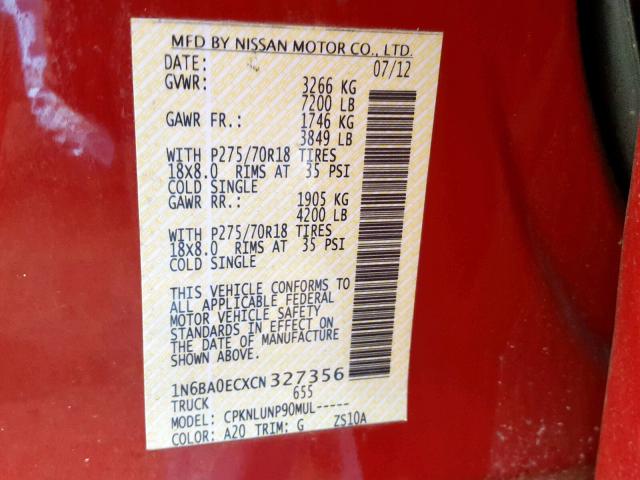 1N6BA0ECXCN327356 - 2012 NISSAN TITAN S RED photo 10