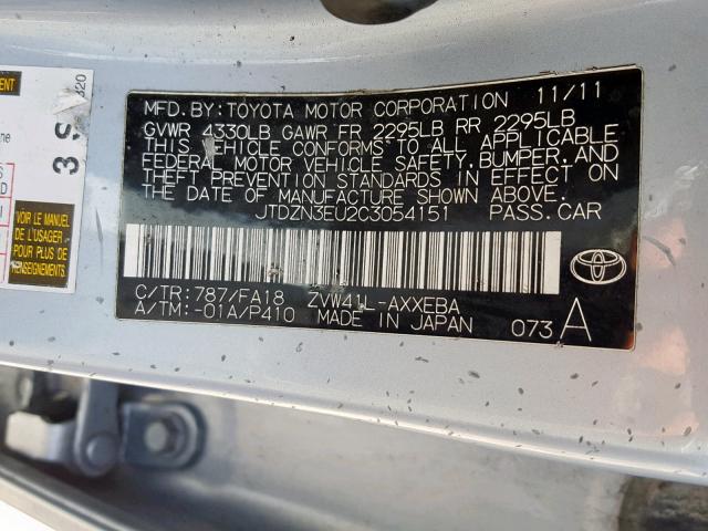 JTDZN3EU2C3054151 - 2012 TOYOTA PRIUS V BLUE photo 10