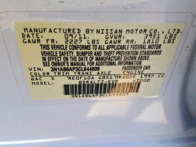 3N1AB6AP3CL644809 - 2012 NISSAN SENTRA 2.0 WHITE photo 10