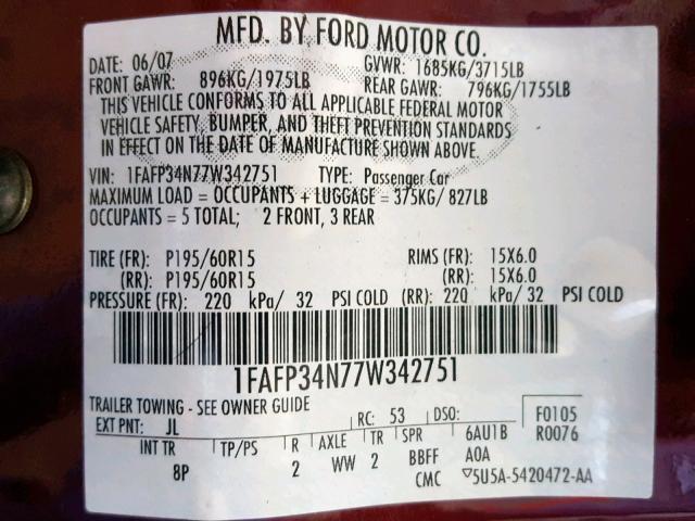 1FAFP34N77W342751 - 2007 FORD FOCUS ZX4 MAROON photo 10