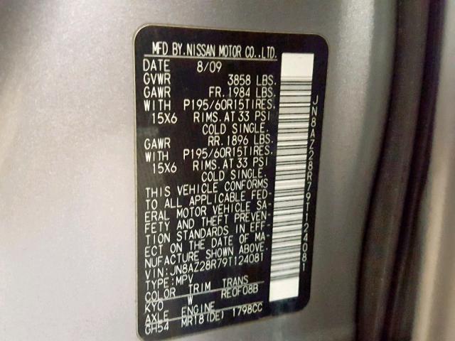 JN8AZ28R79T124081 - 2009 NISSAN CUBE BASE SILVER photo 10