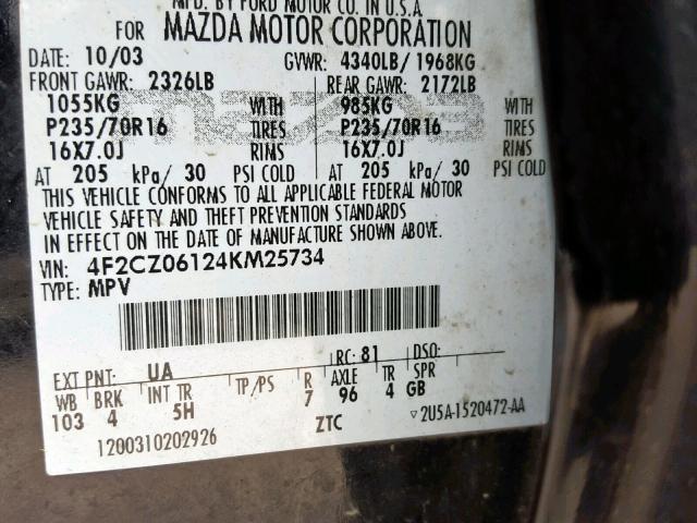 4F2CZ06124KM25734 - 2004 MAZDA TRIBUTE ES 黑色 照片 10