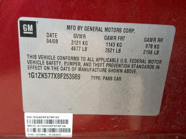 1G1ZK577X8F253989 - 2008 CHEVROLET MALIBU LTZ 红色 照片 10