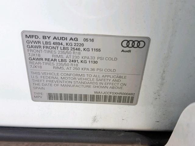 WA1JCCFSXHR000482 - 2017 AUDI Q3 PREMIUM WHITE photo 10