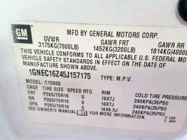 1GNEC16Z45J157175 - 2005 CHEVROLET SUBURBAN C WHITE photo 10