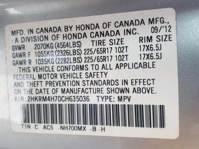 2HKRM4H70CH635036 - 2012 HONDA CR-V EXL WHITE photo 10